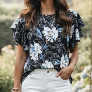 Floral PrinStory Blue Black Ruffle Sleeve Knit Top Size XL Extra Large